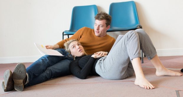 Christopher Adams and Florence Roberts in rehearsal for Sarah Page's 'Punts' at Theatre503 (Photo by Claudia Marinaro)