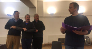 Paul Ryan, Mike Sadler, Paul Storrier and Reggie Oliver in rehearsals for 'Doodle - The Musical!' at Waterloo East Theatre