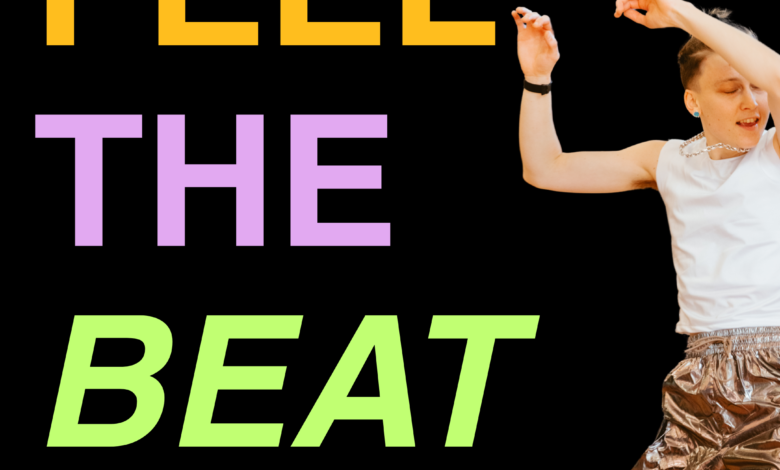 This image advertises a dance show made for visually impaired and sighted people. On the right in large letters it says “Feel The Beat” and below in smaller letters “Listen. Feel. Dance by Jodie & Co”. On the left, a person with short hair in a white vest top and shiny shorts, with their arms raised in the air. Their eyes are closed and their mouth is open.
